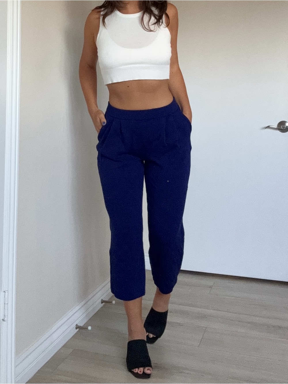 St. John Navy Cropped Pleated High-Rise Pants